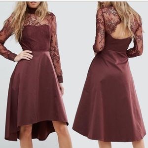 Burgundy lace fit flare high low dress
